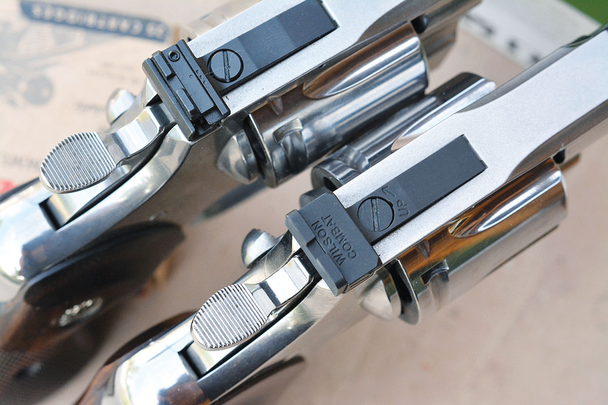 The gun (top) has a currently manufactured Python rear sight. However, the rear sight broke on the test gun (bottom), and was replaced with a high-quality, fully adjustable Wilson Combat version.